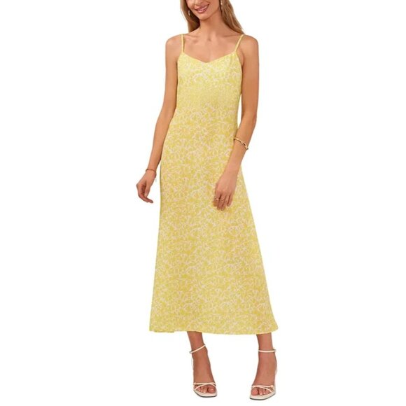 Vince Camuto Dresses & Skirts - Vince Camuto Printed V-Neck Spaghetti Strap Midi Dress Womens L Bright Lemon